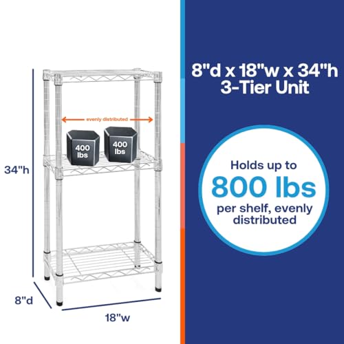 Shelving Inc. 8" d x 18" w Chrome Wire Shelving with 3 Tier Shelves | Weight Capacity 800lbs Per Shelf, Durable Kitchen and Garage Storage Shelves, Adjustable Shelf Organizer Storage Rack - size: 8" d x 18" w x 34" h
