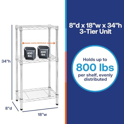 Shelving Inc. 8" d x 18" w Chrome Wire Shelving with 3 Tier Shelves | Weight Capacity 800lbs Per Shelf, Durable Kitchen and Garage Storage Shelves, Adjustable Shelf Organizer Storage Rack - size: 8" d x 18" w x 34" h