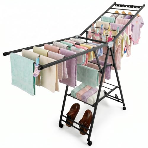Clothes Rack, 2-Tier Drying Hanger, for 20 Pieces+, Foldable and Space Saving, Portable, Indoor or Outdoor Use, Solid Metal Clotheshorse, Nice for Mum, Gray(1.7 m Wing Length) - size: 2 Tiers_1.7m (Wing)