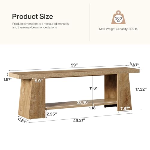 Tribesigns 2-Tier Entryway Bench, 59-Inch Extra Long Shoe Bench with Storage Shelves, Wood End of Bed Seat, Farmhouse Hallway Foyer Seat with Open Shelves for Entryway, Bedroom, Living Room, Natural