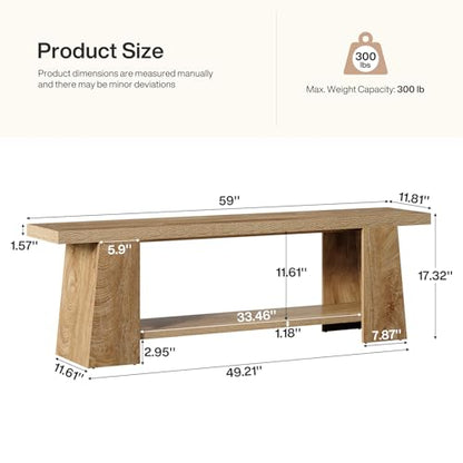 Tribesigns 2-Tier Entryway Bench, 59-Inch Extra Long Shoe Bench with Storage Shelves, Wood End of Bed Seat, Farmhouse Hallway Foyer Seat with Open Shelves for Entryway, Bedroom, Living Room, Natural