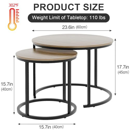 Nesting Coffee Table, 23.6" Round Coffee Table Set of 2, Wooden Nesting Table Set with Metal Frame, Side Tables for Living Room Bedroom Balcony, Brown - color: Brown