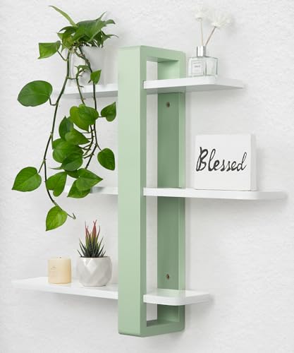 SUMGAR Floating Shelves for Wall Green, 3 Tier Adjustable Large Shelf Unit | 20 Inch All Pine Wood, Decorative Shleving, Plants Photos Display, for Living Room, Bedroom, Office, Bathroom - color: Mint Green&white