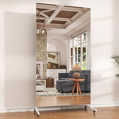 Hasipu 71" x 36" Full Length Floor Mirror on Wheels, White | Tempered glass, sturdy metal frame, smooth rolling casters, removable stand, ideal for gym, bedroom, dance studio - size: 71"L x 36"W