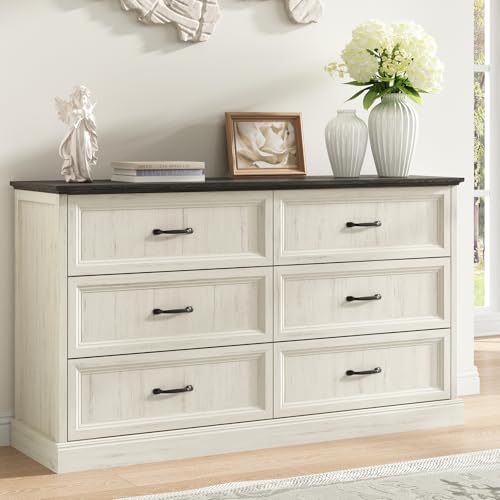 Farmhouse 6 Drawer Dresser for Bedroom, 55" White Dresser with TV Stand | Wide Dresser with Large Drawers & Bar Handles, Rustic Wood Chest of Drawers for Living Room, Hallway, Entryway. - color: White, size: 16"D x 55"W x 31"H (6 Drawers)