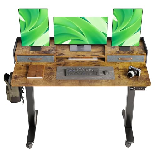 Claiks Standing Desk with Drawers & Wheels, 2 Height Shelf 55" Rustic Brown | 2 height adjust shelf, tabletop drawers, felt fence design, sturdy supports 176 lbs, 4 wheels, 2 tire monitor stand - color: Rustic Brown, size: 55.1×23.6