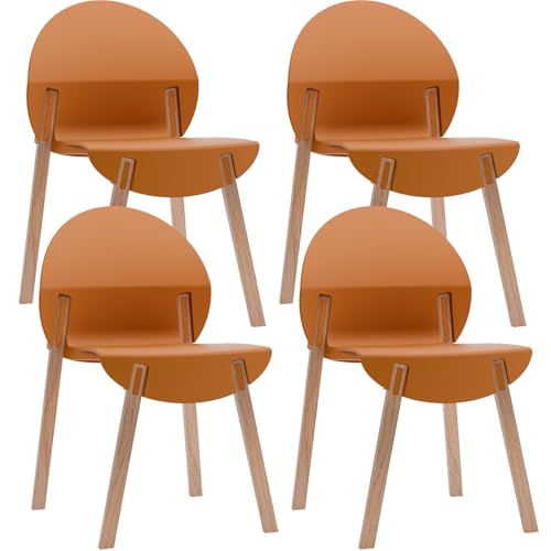 Stackable Plastic Dining Chair Set of 4, Modern Dining Chairs, 330lb Capacity, Protective Pads, 5-Second Cleanup, Kitchen, Dining Room, Balcony, Café, Commercial Use, Tropical Orange Seat & Oak Legs - color: Orange