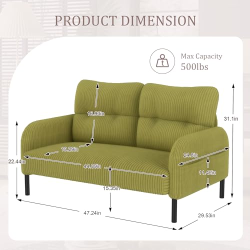 47" Olive Small Loveseat Sofa, 2-Seater Upholstered Cloud Couches | Corduroy Small Couch for Small Spaces, Mini Couches Love seats with Wood Legs for Living Room, Bedroom, Apartment - color: Olive