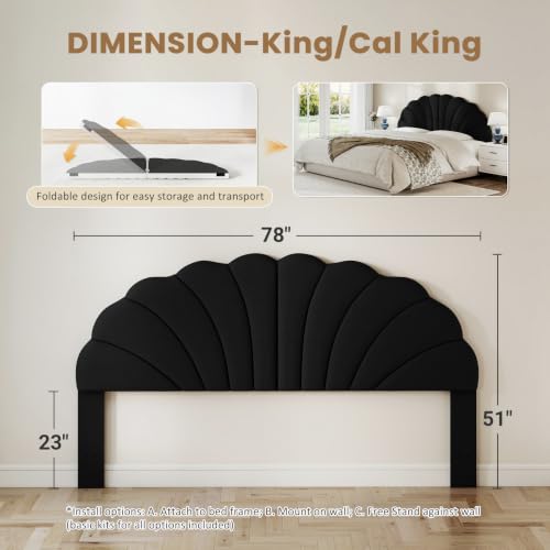 King Size Headboard Only, Velvet Petal Wall Mounted, Black | 2 installation options: 1.bed frame mount 2.wall mount (for adjustable bed), Easy to install, Elegant and unique design - color: Velvet-black, size: King/California King