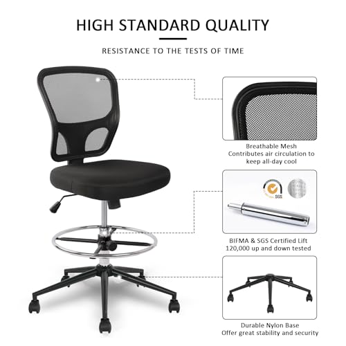 Armless Drafting Chair Tall Office Chair Adjustable Height High Back Ergonomic Desk Chair Drafting Stool Rolling Bar Stools Chairs with Footrest and Wheels - color: Black
