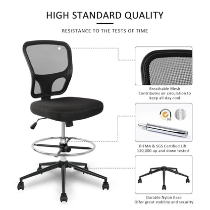 Armless Drafting Chair Tall Office Chair Adjustable Height High Back Ergonomic Desk Chair Drafting Stool Rolling Bar Stools Chairs with Footrest and Wheels - color: Black