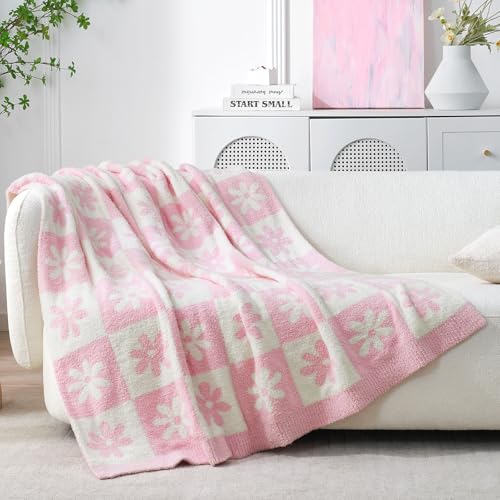 Snuggle Sac Checkered Blanket, Pink Flower Throw Blanket for Couch Plaid Microfiber Fluffy Warm Cozy Fuzzy Soft Throw Blanket Reversible Checkered Blankets for Sofa, Chair, Bed, 60x80 inches - color: Baby Pink Flower, size: Twin(60"x80")