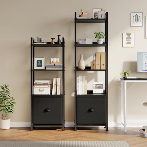 DUMOS 5 Tier Bookshelf with Fabric Drawer, Tall Industrial Bookcase, Narrow Display Standing Shelf, Wood and Metal Storage Shelf Organizer in Bedroom, Living Room, Modern Black
