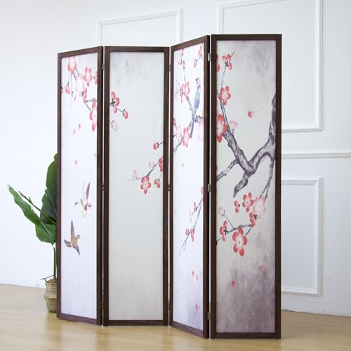 4 Panel Fabric Room Divider with Pattern, 5.6 ft Tall Folding Privacy Screen for Room Separation, Premium Thickened Wood Frame Freestanding Partition Wall, Red Plum (67" H x 63" W) - color: Red Plum