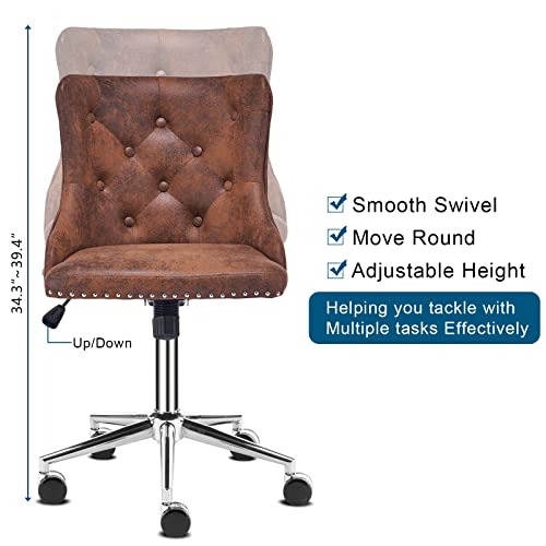 VINGLI Rustic Microfiber Armless Home Office Desk Chair with Silver Base/Wheels, Small Cute Vanity/Makeup Chair with Back for Bedroom, Upholstered Adjustable Rolling Swivel Nail Chair for Women/Girls - color: Rustic-microfiber