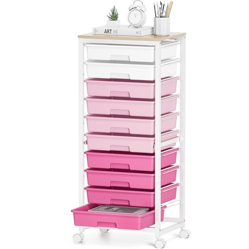 Sykiariol 10 Drawer Rolling Cart,Pink | Rolling Cart for Craft Storage,Storage Cart with Lockable Wheels and Wooden Tabletop for Classroom,Office,Living Room - color: Pink