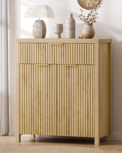 Fluted Buffet Cabinet for Kitchen, 28.3" Sideboard Cabinet Natural | Adjustable Shelves, Quiet Full-Extension Slides, Curved Metal Handle, Coffee Bar with Drawers for Dining Room, Entryway - color: Natural, size: 13.8"D x 28.3"W x 32.7"H