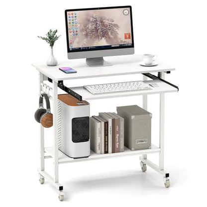 Tangkula Rolling Computer Desk Cart with Keyboard Tray, Mobile Portable Laptop PC Desk with CPU Stand & 3 Hooks for Sofa & Bed, Compact Small Desk on Wheels for Small Spaces (White) - color: White