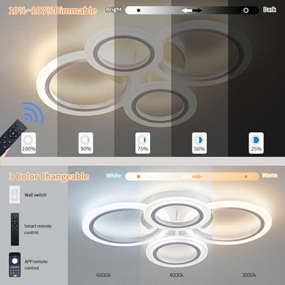 Shine LUEST 34W LED Ceiling Light with Remote, 3000-6000K Dimmable Modern Flush Mount Ceiling Lighting Fixture White 4 Rings Round Chandelier Ceiling Lamp for Small Room, Bedroom - color: White, 4 Rings