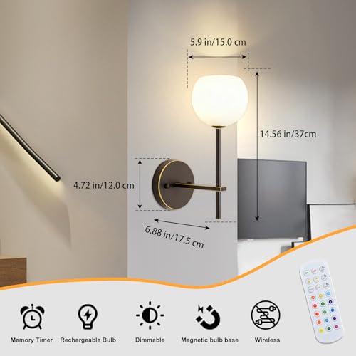 Brown Gold Battery Operated Wall Sconces Set of 2, Rechargeable Wireless Wall Lights with Milky White Frosted Glass, 12 RGB and 3CCT Dimmable, Wall Lamps with Remote for Bedroom Living Room Hallway - color: Brown Gold