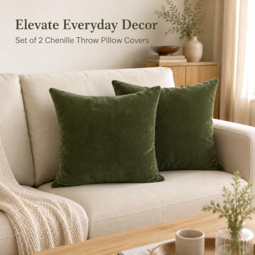 JoraLion Chenille Lumbar Pillow Covers 16x16 inch Moss Green | Solid Dyed Decorative Throw Pillow Covers, Plain Farmhouse Soft Chenille Cushion Case for Couch Sofa Bed Room, Set of 2 - color: Moss Green, size: 16" x 16" (Pack of 2)