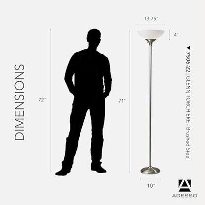 Adesso Dual-Socket Floor Lamp, Brushed Steel & White, 3-Way, 71” - color: Brushed Steel