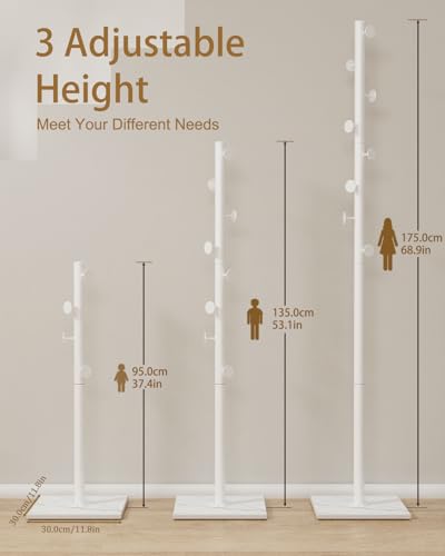 Coat Rack Freestanding, Clothing Rail with 8 Hooks, White | Small Standing Coat Hanger Stand with Heavy Rock Slab Base, Modern Metal Coat Tree with 8 Hooks for Bedroom, Office, Hallway - color: White