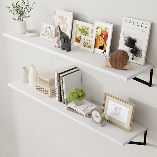 Floating Shelves for Wall White - 55 Inch Wide x 12 Inch Deep Wall Shelves Set of 2 - White Deep Wood Floating Shelves for Living Room Bedroom Laundry Room - color: White, size: 55W x 12D