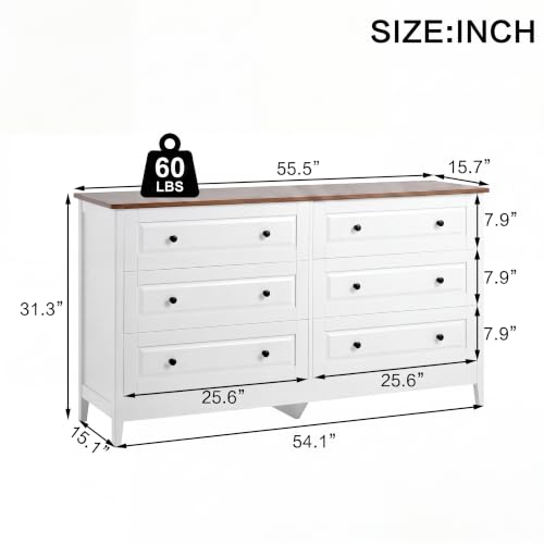 6 Drawer Chest of Drawers for Bedroom Living Room Entryway | Bedroom Furniture Chester, Stylish White Modern Painted Solid Wood Anti-Tip Design Closet Storage Organizer Easy Assembly
