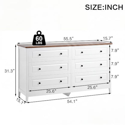 6 Drawer Chest of Drawers for Bedroom Living Room Entryway | Bedroom Furniture Chester, Stylish White Modern Painted Solid Wood Anti-Tip Design Closet Storage Organizer Easy Assembly