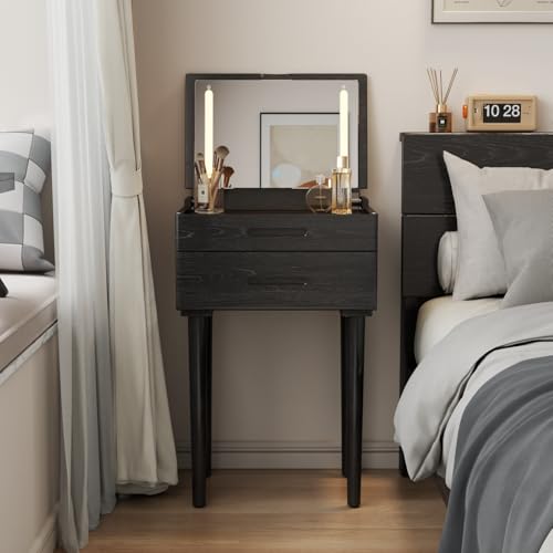 Solid Wood Small Vanity Desk with Mirror and Lights, Narrow Makeup Vanity for Small Space, Flip Top Vanity Side Table, 3 Color Modes & Adjustable Brightness, 19.6" Slim Dressing Table, Black - color: Black, size: 19.6" Wide