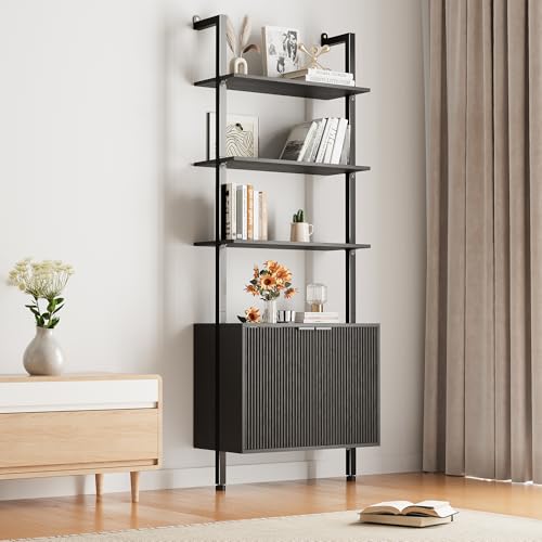 74" Tall Bookshelf with Storage Cabinet, Modern Ladder Shelf with Wood and Metal Frame, Wall Mount Bookcase Open Display Shelf Furniture for Living Room, Bedroom, Home Office，Black - color: Black