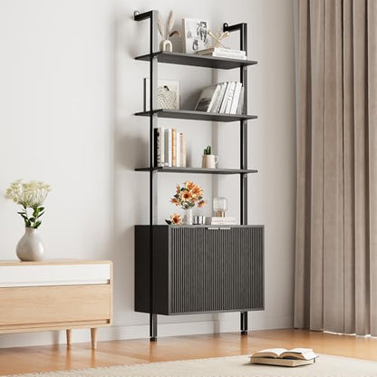 74" Tall Bookshelf with Storage Cabinet, Modern Ladder Shelf with Wood and Metal Frame, Wall Mount Bookcase Open Display Shelf Furniture for Living Room, Bedroom, Home Office，Black - color: Black