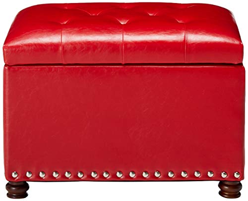 Adeco High End Red Classy Bonded PU-Leather Tufted Accents Rectangular Storage Bench Ottoman Footstool, - color: Red Pu