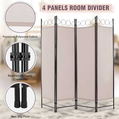4 Panel Room Divider 6FT Steel Frame Screen Folding Privacy Divider Freestanding Partition for Home Office Bedroom (Tan) - color: Tan