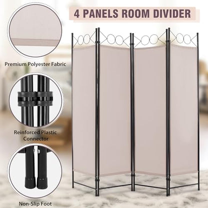 4 Panel Room Divider 6FT Steel Frame Screen Folding Privacy Divider Freestanding Partition for Home Office Bedroom (Tan) - color: Tan