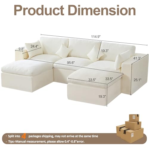 115'' Cloud Boneless Sectional Couch, Modular Sectional Sofa Deep Seat with 2 Ottomans, Oversized Upholstered Convertible Comfy 5 Seater Chenille Sofa U Shape Couches for Living Room, Beige - color: Beige, size: 115"/3 Seater+2 Ottoman