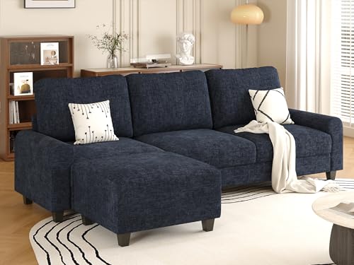 EASE MOOSE 100" Chenille L-Shaped Sectional Sofa with Ottoman, Navy Blue | Deep Seat, Pet-friendly, Removable Washable Cover, Pocket Spring Cushion, Easy Clean, Easy Assembly Couches for Living Room - color: Navy Blue, size: 100" L-Shape