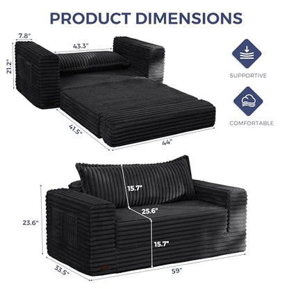 MAXYOYO Convertible Sofa Bed, Pull-Out Loveseat Couch Bed for Small Space | 2 in 1 Folding Couch Bed with Large Back Pillow, Plush Faux Fabric Lounge Couch for Living Room, Apartment, Black - color: Black