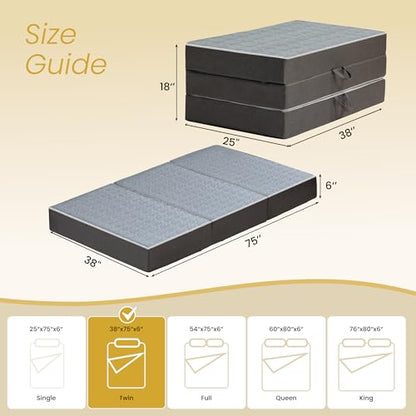 Tri Folding Mattress Twin Size - 6 Inch Dual-Layer Memory Foam Foldable Mattress Portable Futon Sofa Bed with Removable Washable Cover, Handle & Non-Slip Bottom for Guest, Camping, RV, Yoga, Home Use - size: Tw"