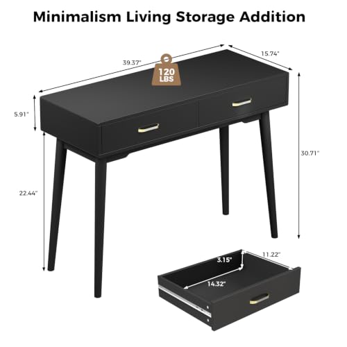 FUNKOCO Black Small Vanity Desk with Drawers, 40 Inch Simple Writing Desk | Vanity Desk No Mirror with 4 Solid Legs, Modern Computer Desk for Small Spaces, Home Office, Study - color: Black