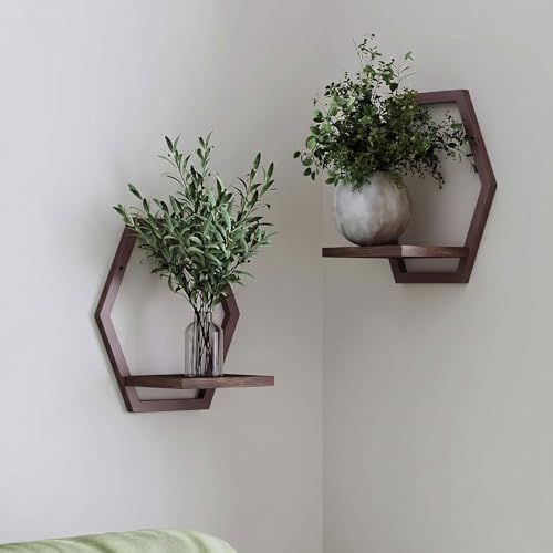2 Pack Walnut Color Solid Wood & Metal Framework Wall Plant Stands,9 inch Natural Wood Shelf of Indoor,Mid Century Modern Hanging Planter for Outdoor Entryway 25 LB Load for Plants Coffee - color: 2 Pack Coffee-a