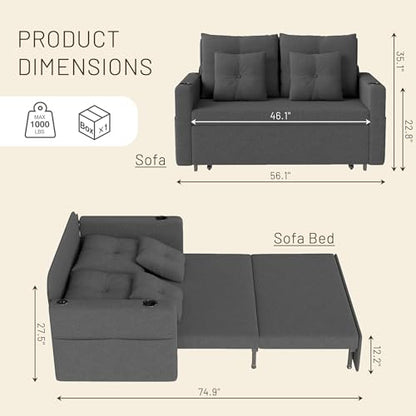 Krcix 3 in 1 Sofa Bed, 56" Pull Out Couch, Convertible Loveseat Sleeper | Sleeper Sofa with Cup Holder, Storage Pocket, USB, Family Couches for Living Room, Bedroom, Apartment, Dark Grey