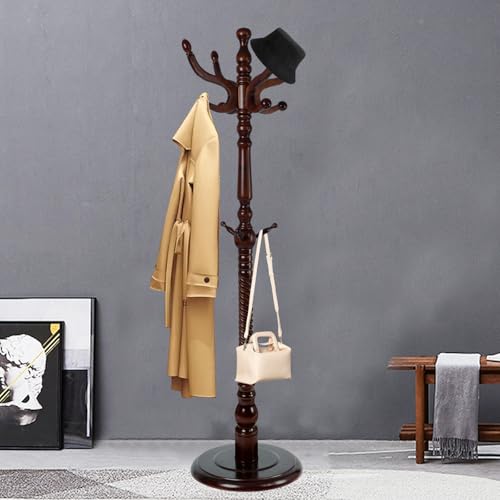 Coat Racks FreeStanding with 11 Hooks, Natural Wood Coat Rack with Solid Round Base, Adjustable Height Coat Racks, Easy Assembly for Hallway, Bedroom and Office (Walnut-Solid Round Base) - color: Walnut-Solid Round Base