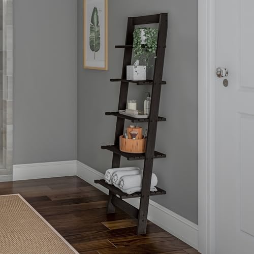 Lavish Home 5-Tier Ladder Shelf – 50" Narrow Leaning Wood Bookcase for Small Spaces, Decorative Storage in Living Room, Office, or Bathroom – Black Modern Display Shelf
