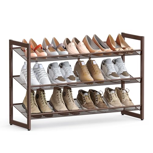 SONGMICS Shoe Rack, 3-Tier Shoe Organizer, Metal Shoe Storage for Garage, Stackable Shoe Shelf, with Adjustable Flat or Angled Shelves, 9-12 Pairs, Bronze ULMR03A - color: Bronze, size: 3 Tiers (29.1''W)