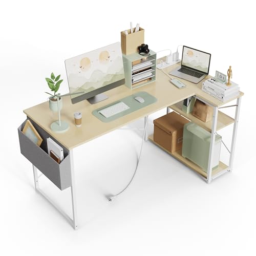 TIQLAB L-Shaped Computer Desk with Power Outlets - Reversible Shelves, 47 Inch Gaming & Study Desk in Beige - color: Beige, size: 47 Inch