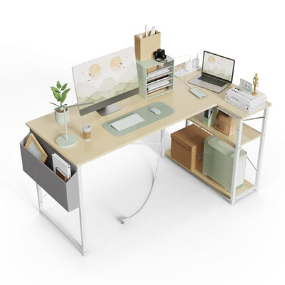 TIQLAB L-Shaped Computer Desk with Power Outlets - Reversible Shelves, 47 Inch Gaming & Study Desk in Beige - color: Beige, size: 47 Inch