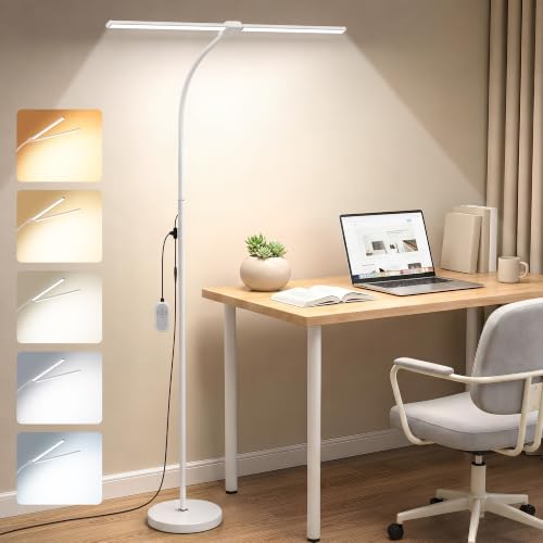 Dual-head LED Floor Lamp 20W 1400LM Adjustable Neck Bright Light White | Adjustable Brightness & Color Temperature, Modern Corner Tall Standing Lamp for Living Room Office Bedroom Reading - color: White