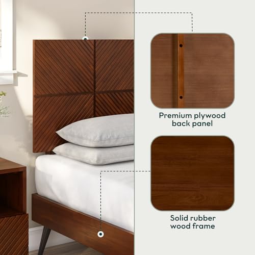 Bme Rhombus Queen Bed Frame – Solid Rubber Wood with Geometric Rhombus Headboard, Walnut Finish, Scandinavian Modern Platform Bed with Sturdy Slats & Metal Legs, No Box Spring Needed - color: Walnut, size: Queen, style: Scandinavian